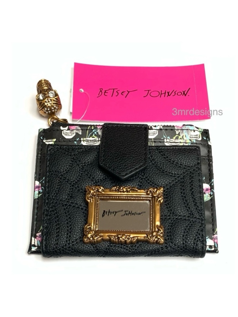 NWT Betsey Johnson 💋 SPIDERWEB SKULL Black Faux Leather Bifold Snap On Wallet